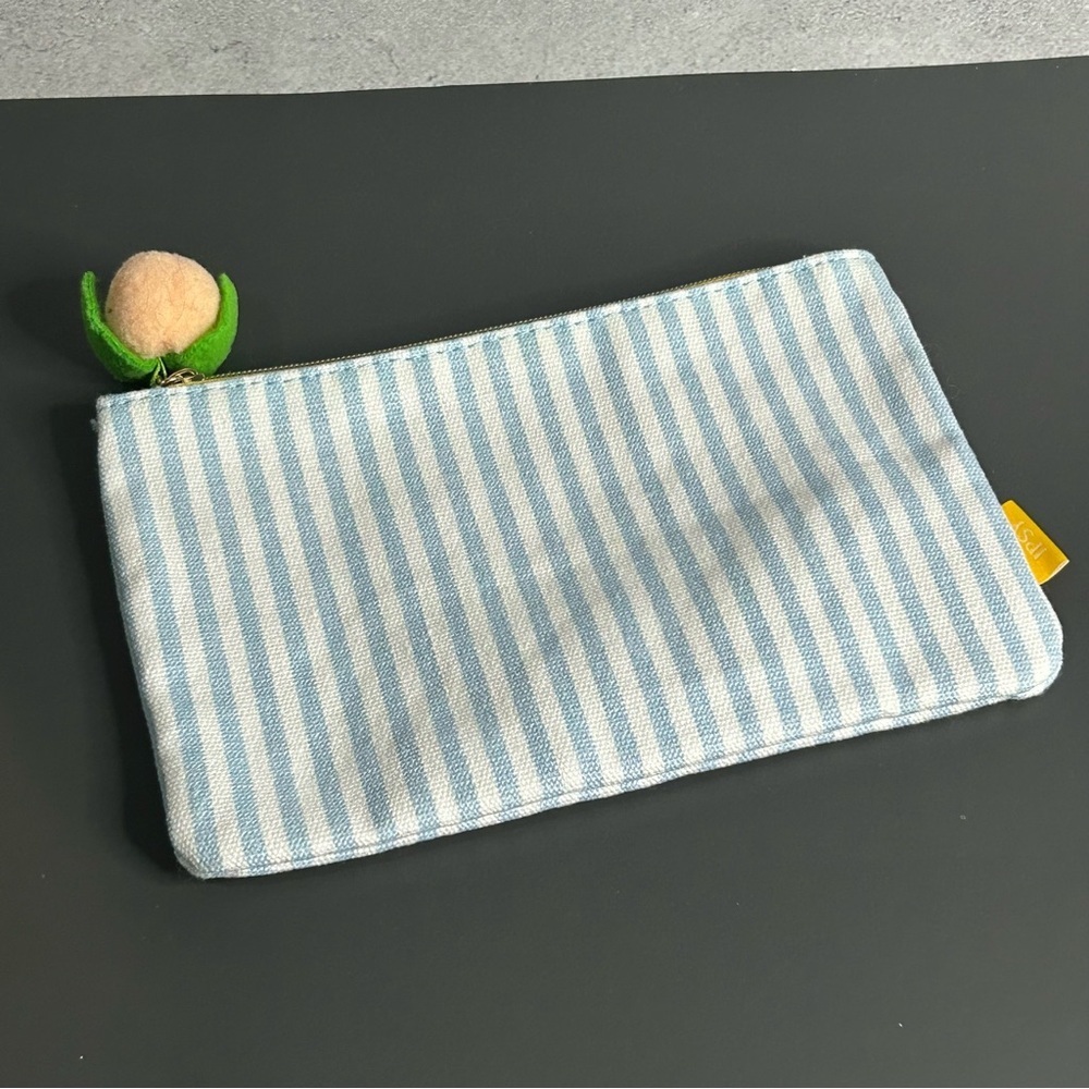 ipsy Blue and White Striped Cosmetic Bag with Peach Accent - Picture 1 of 3